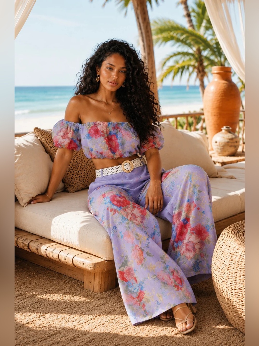 Lavender Floral Wide-Leg Pants Set - Women's Beach pant set Bottoms - Picture 6 of 7